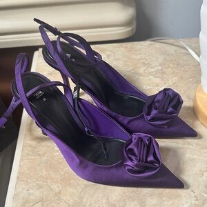 Zara Purple Fabric Slingback Heels with a Front Flower